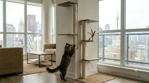 Vertical cat shelving system using tension supports | Système d'étagères verticales pour chat sans perçage