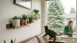 Wall-mounted shelf for cat-proof plant protection.