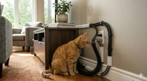 A ginger cat looking up at a secure, pet-safe cable management system installed under a modern desk.