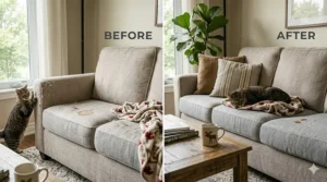 Before and after comparison showing sofa protection from cat messes.