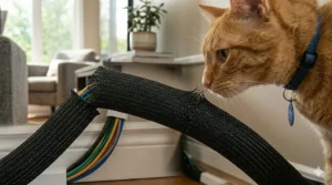 A close-up view of a cat looking at a cable management system installed under a desk.