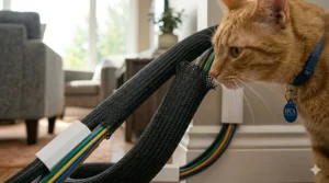 A ginger cat inspecting a secure cable management system under a desk.