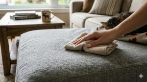 Wiping a stain off the waterproof cat couch cover.