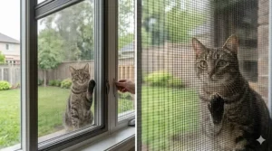 A curious ginger tabby cat investigating a multi-part cat proof cord protector system installed in a living room, completely securing all floor and wall cables.