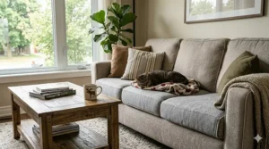 Modern living room featuring a stylish waterproof cat couch cover.