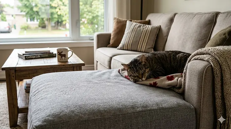 Cat resting on a waterproof cat couch cover in a cozy living room.