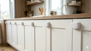 Minimalist white childproof lock blending with kitchen cabinetry.