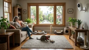 A wide-angle interior shot of a living room showcasing a wall-mounted pet camera and a cat playing on the rug.