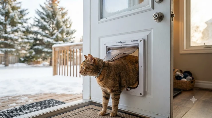Close-up of a double-flap airtight seal on the best cat door model, preventing energy loss in cold climates. / Gros plan sur le joint étanche à double rabat de la meilleure porte pour chat, empêchant la perte d'énergie sous les climats froids.
