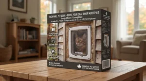 Product packaging layout for an energy-efficient cat door for thick wall use, featuring English and French Canadian labeling.