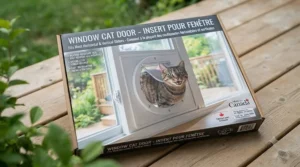 Product concept illustration featuring English and French labeling for a window cat door distributed across Canada.