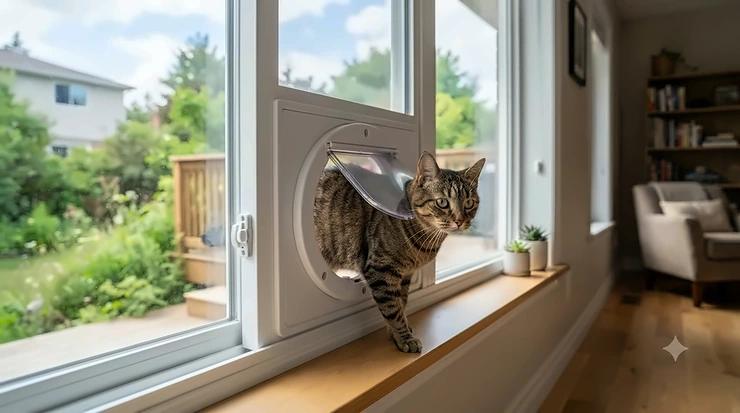 A curious cat looking through a secure window cat door installed in a Canadian home, designed for energy efficiency during cold winters.