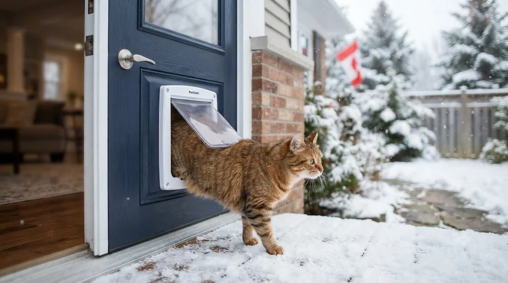 Insulated cat door for exterior door installed on a Canadian home entrance during winter, keeping out cold drafts.