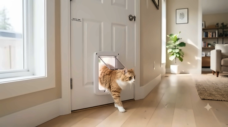 Modern white interior door featuring a sleek cat door installed in a Canadian home, providing convenient pet access between rooms.