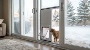 A high-quality cat door exterior view during a light snowfall, demonstrating snow-shedding design. / Vue extérieure d'une porte pour chat de haute qualité pendant une légère chute de neige, démontrant une conception résistante à la neige.