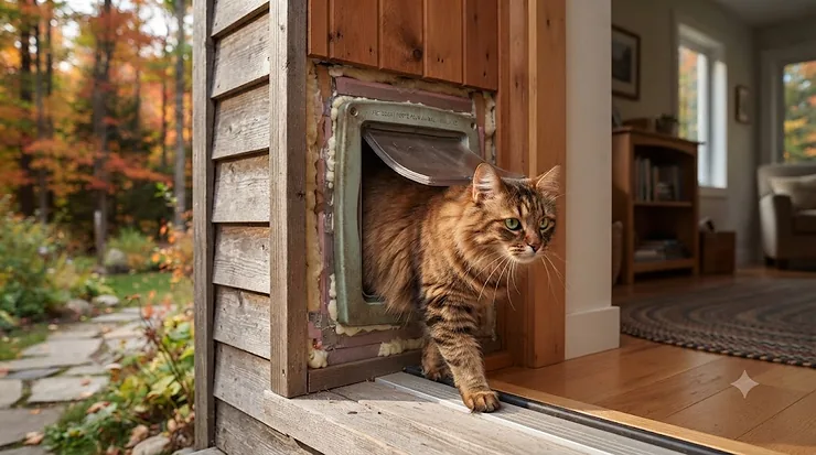 Insulated cat door for thick wall installed in a Canadian home exterior, designed to block drafts during cold winters.