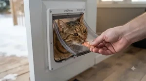 Microchip-activated cat door interface that only allows programmed pets to enter the home. / Interface de porte pour chat activée par micropuce qui permet uniquement aux animaux programmés d'entrer dans la maison.
