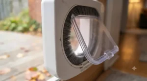 A cat successfully passing through an activated microchip cat door. / Un chat passant avec succès par une chatière à puce activée.
