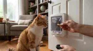 Training guide illustrating how to use treat luring to help a cat get comfortable and confident using their new microchip cat door.
