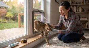 A happy cat safely stepping through its new window-mounted pet door into a backyard catio.