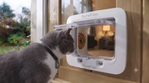 Happy cat wearing a magnetic tag for a Canadian cat flap. / Chat heureux portant une médaille magnétique pour chatière canadienne.