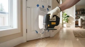 Using a jigsaw to cut out the opening along the marked template for a cat door for an interior door.