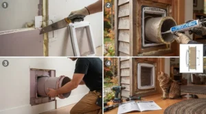 Step-by-step DIY installation graphic for mounting a cat door into a thick exterior house wall.