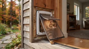 Close-up of a dual-flap system on a cat door for thick wall applications to maximize household energy efficiency.