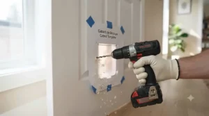 Power drill creating corner pilot holes to prepare a hollow-core interior door for a cat door installation.