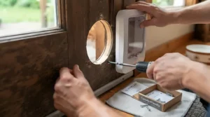 Step-by-step diagram showing a simple installation of a microchip cat door in a standard wooden door, suitable for Canadian DIY projects.