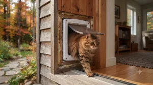 A domestic cat comfortably walking through an insulated cat door for thick wall construction.