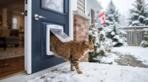 A domestic cat safely stepping through an insulated cat door for exterior door onto a backyard patio.