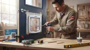 Step-by-step DIY guide illustration for cutting and installing a cat door for exterior wood and steel house doors.