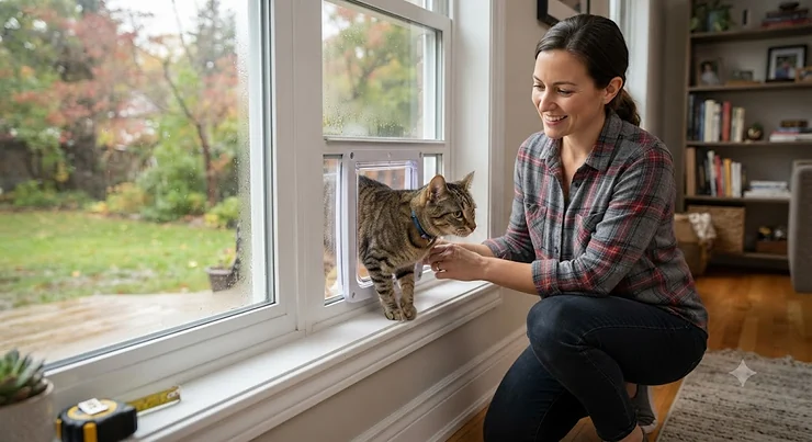 Completed cat window insert with weatherstripping installed in a Canadian home for year-round energy efficiency. / Insert de porte pour chat installé dans une fenêtre pour une efficacité énergétique optimale. how to install cat door in window