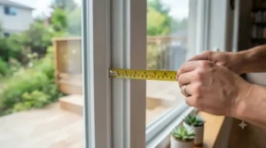 Step-by-step illustration showing how to measure a glass sliding window frame before installing a cat door in Canada.