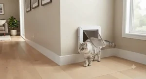 Architectural view of a hallway wall-mounted cat door allowing free movement for pets across living spaces.
