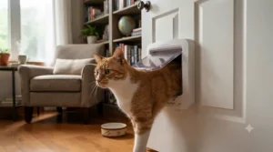 Interior application of a microchip cat door, providing exclusive access to a quiet room or litter area for a specific pet.