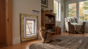 Interior living room perspective of a sleek white cat door for thick wall installation, blending seamlessly with home decor.
