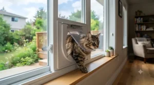 Playful illustration of a large cat navigating comfortably through a durable window pet door suitable for multi-pet Canadian homes.
