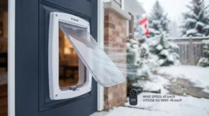 Magnetic seal dual-flap system on a cat door for exterior door preventing heavy wind drafts in stormy weather.