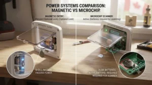 A comparison diagram of the power requirements and battery life for a magnetic vs microchip cat door.