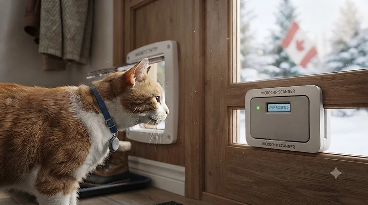 A side-by-side comparison of a magnetic vs microchip cat door installed in a Canadian home, showing how each pet door controls access for indoor-outdoor cats.