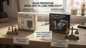 A Canadian price and value comparison graphic weighing the pros and cons of a budget magnetic vs a premium microchip cat door.
