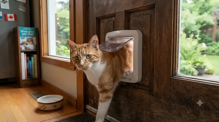 A secure microchip cat door installed in a Canadian home, keeping out unwanted wildlife while providing safe outdoor access for a cat.