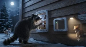 A wild raccoon blocked by a secure microchip cat door in Canada, demonstrating pest prevention compared to standard or magnetic pet doors.