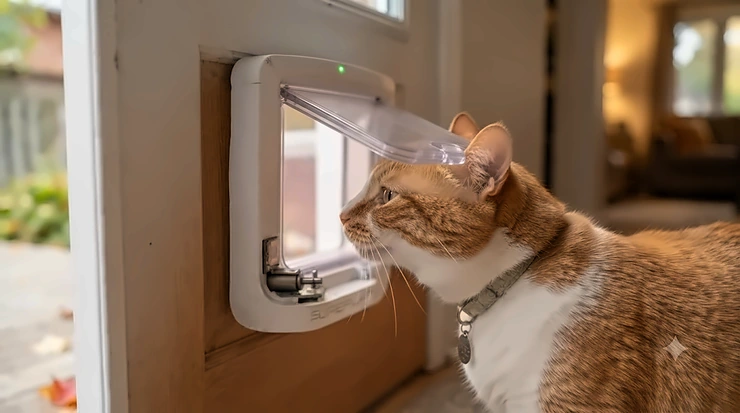 A cat waiting to enter through a microchip flap during a Canadian winter. / Un chat attendant d'entrer par une chatière à puce durant un hiver canadien. how does a microchip cat flap work