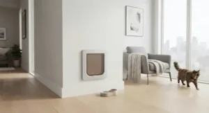Minimalist interior featuring a stylish wall-mounted cat door that blends seamlessly with contemporary home decor.