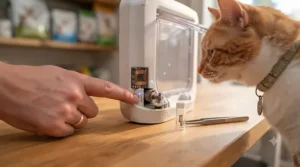 Two cats approaching a smart microchip cat flap. / Deux chats s'approchant d'une chatière intelligente à puce électronique.