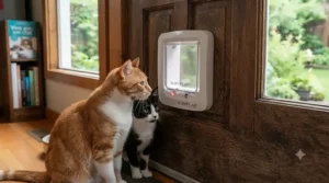 A multi-cat household scene showing the microchip cat door's selective access technology, allowing authorized cats in while keeping others out.