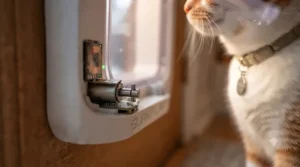 Person manually programming a microchip cat flap for a pet. / Personne programmant manuellement une chatière à puce pour un animal.